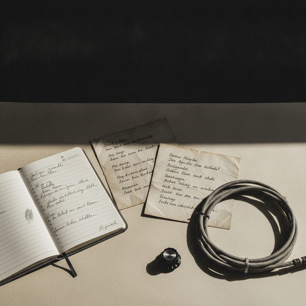 Moodboard: Probenraum, Notizbuch, hartes Seitenlicht